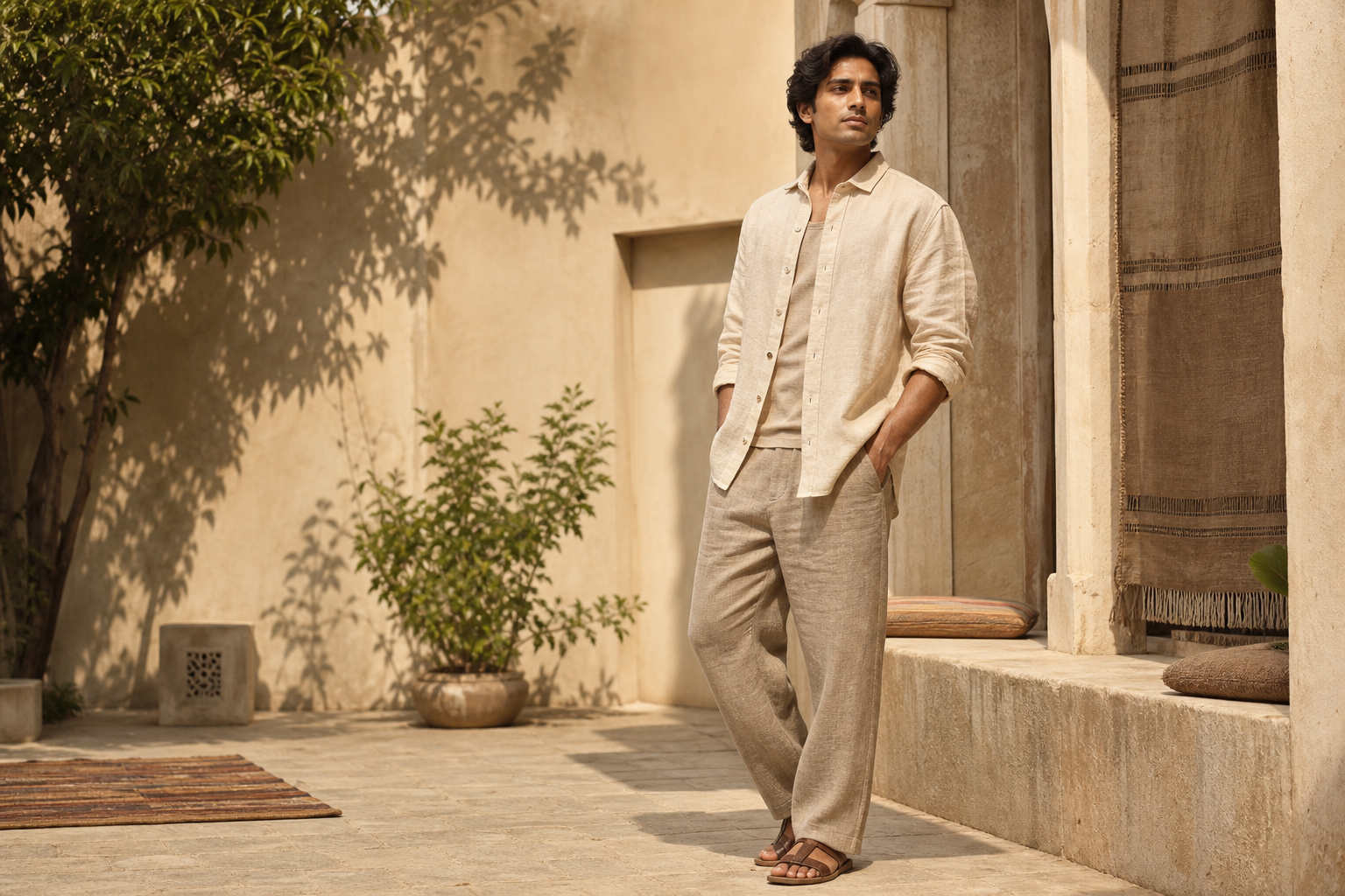Mango & Loom linen campaign photographed in a Jaipur courtyard